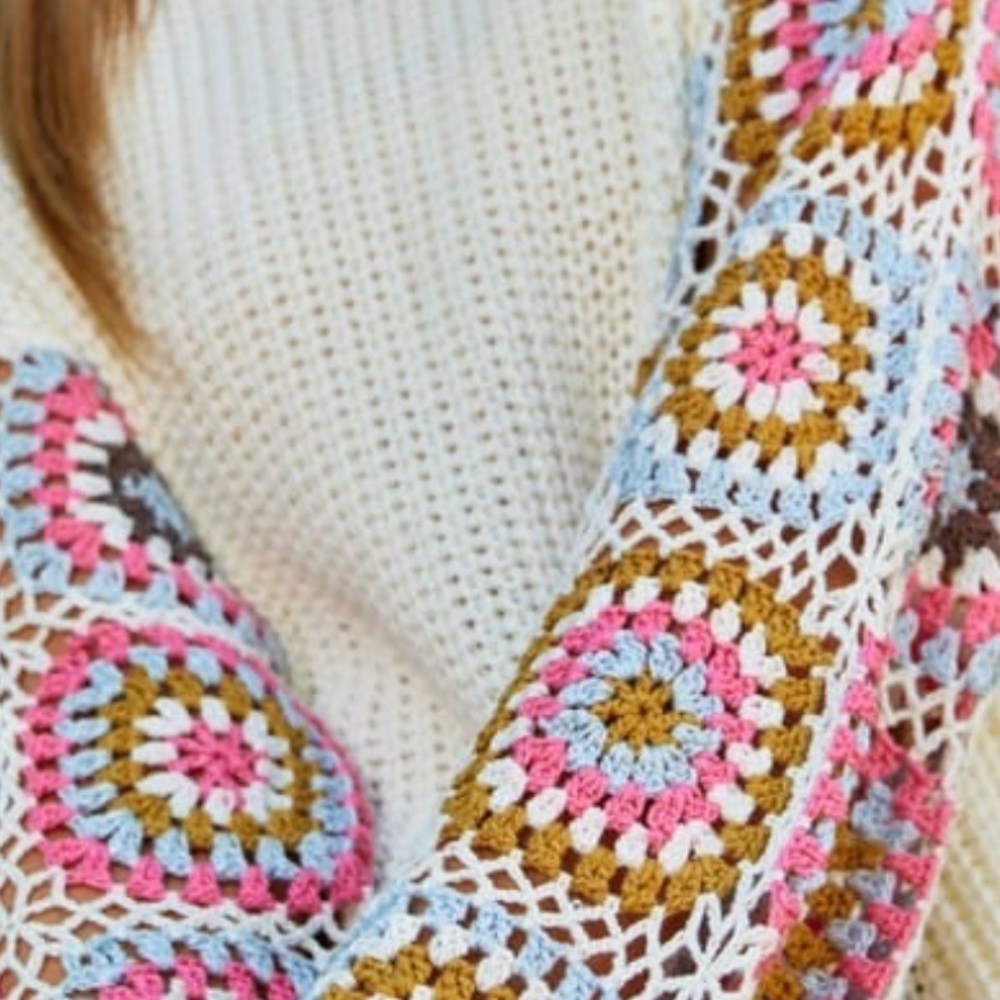 Wanna B Me Crochet Sleeve Knit Sweater Cream Large Bohemian - Picture 3 of 12